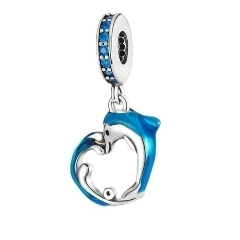 S925 Sterling Silver Heart Shape Dolphin Pendant Bead - NWT